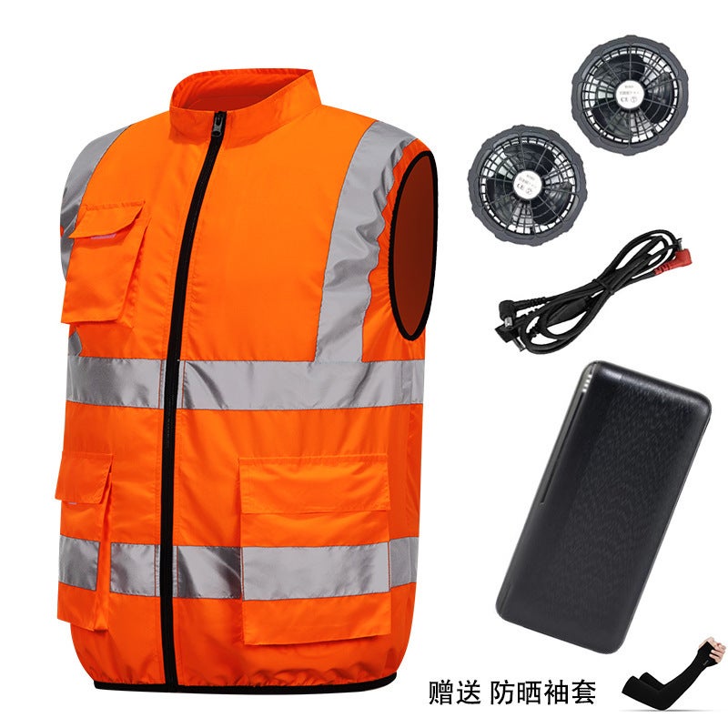 Outdoor Reflective Work Clothes, Summer Clothes with Fans, Mens and Womens Same Style Cooling and Heatstroke Prevention Labor Protection Workwear Vests Orange + 5v fan + power bank