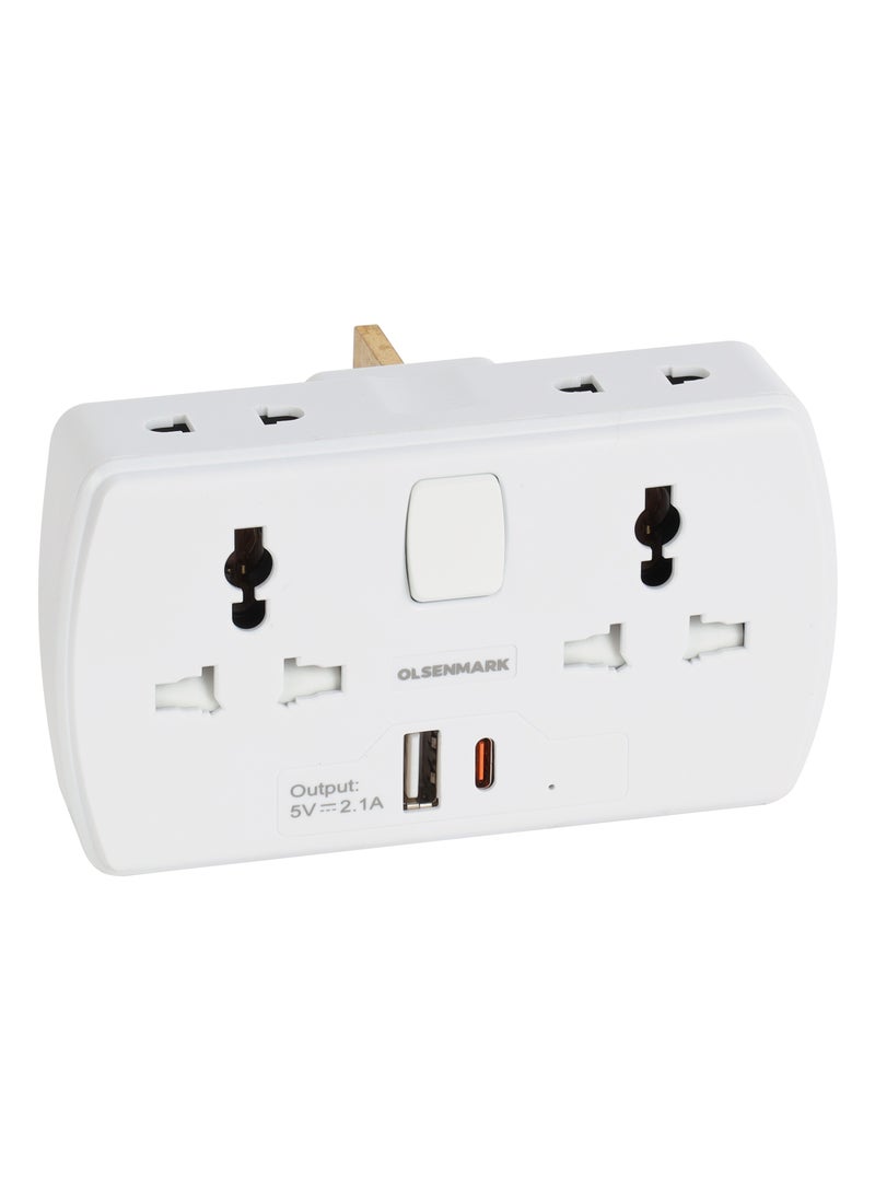 Olsenmark Olsenmark 2 Way Multi Adaptor with 2 USB Ports, OMES1886, Global Compatibility, 2 Port, Compact and Portable Design, Perfect for Travelling, Office, Home, White  - Image 1
