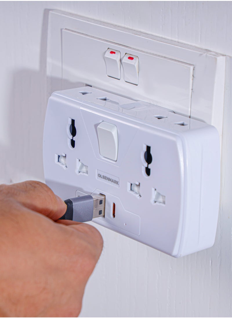 Olsenmark Olsenmark 2 Way Multi Adaptor with 2 USB Ports, OMES1886, Global Compatibility, 2 Port, Compact and Portable Design, Perfect for Travelling, Office, Home, White  - Image 4