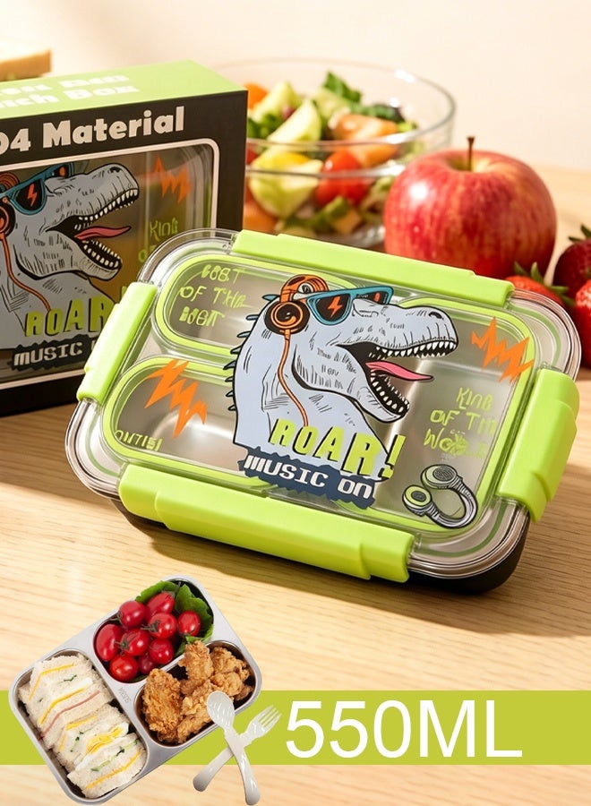 TAPIT Kids Lunch Box 550ml 304 Stainless Steel Bento Box 3 Compartments Leak Proof Food Container with Fork Spoon BPA Free Cartoon Lunch Box for School Travel Picnic Boys Girls (Dinosaur) - Image 1