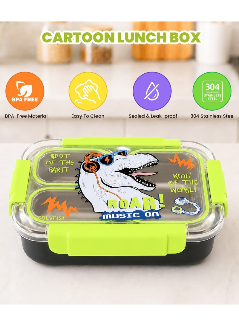 TAPIT Kids Lunch Box 550ml 304 Stainless Steel Bento Box 3 Compartments Leak Proof Food Container with Fork Spoon BPA Free Cartoon Lunch Box for School Travel Picnic Boys Girls (Dinosaur) - Image 2