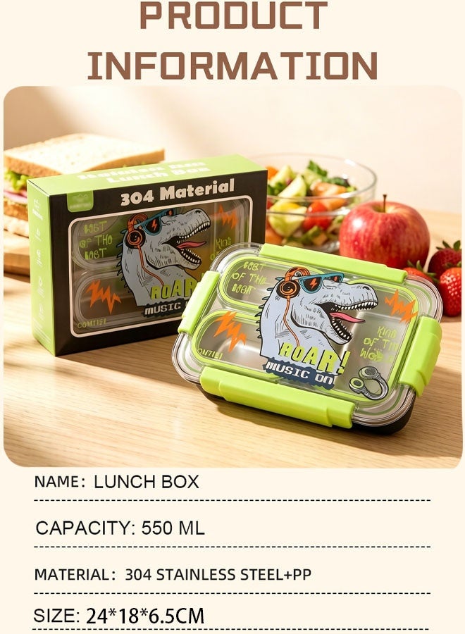 TAPIT Kids Lunch Box 550ml 304 Stainless Steel Bento Box 3 Compartments Leak Proof Food Container with Fork Spoon BPA Free Cartoon Lunch Box for School Travel Picnic Boys Girls (Dinosaur) - Image 5
