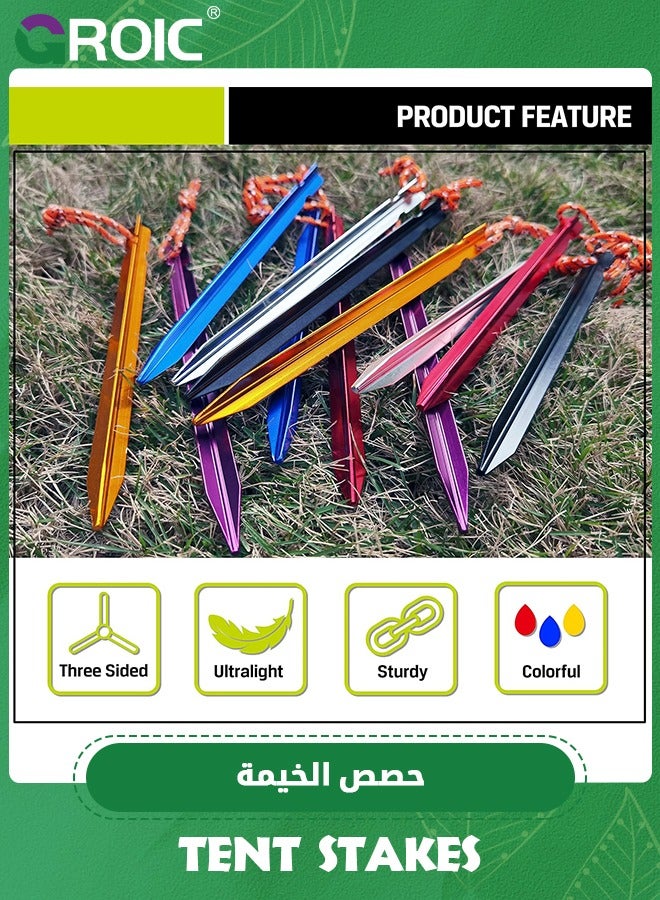 GROIC 12 Pack Aluminum Tent Stakes, Lightweight Stakes Pegs Heavy Duty Camping Spikes, Ultralight Tent Nail with Reflective Rope, Carry Bag, Tent Accessories for Camping Rain Tarps Hiking Backpacking - Image 2