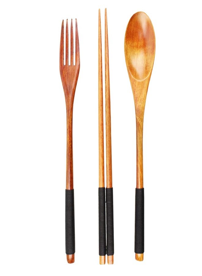 PRINT SUPREMACY PrintSupremacy 3-Piece Japanese Wooden Utensil Set Spoon Fork and Chopsticks with Floral Pouch, Foodie Travel Novelty Business, Souvenir Ideas for Advertising Housewarming Wedding (1 Set, Plain) - Image 1