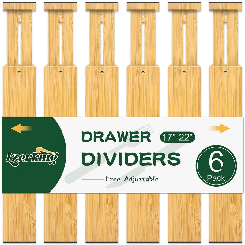 Lzerking Kitchen Drawer Dividers 6 Pack, 17-22" Adjustable Bamboo Drawer Organizers Large, Spring Loaded, Expandable Utensil Organizer, Works in Kitchen, Dresser, Closet, Bathroom, Bedroom - Image 1