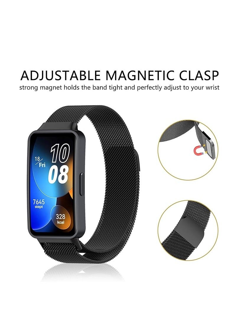 Luxury Design Replacement Strap for Huawei Band 8, Breathable and Waterproof, Stainless Steel Mesh Strap, Magnetic Buckle, Easy to Install, Adjustable Length Watch Strap for Women Men Black - Image 2