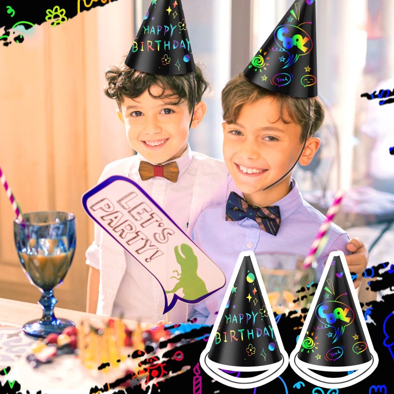 Lewtemi 108 Pcs Scratch Party Hats DIY Birthday Art Cone Scratch Hats Colorful Party Craft Paper Hat Decorating Supplies (Black) - Image 4
