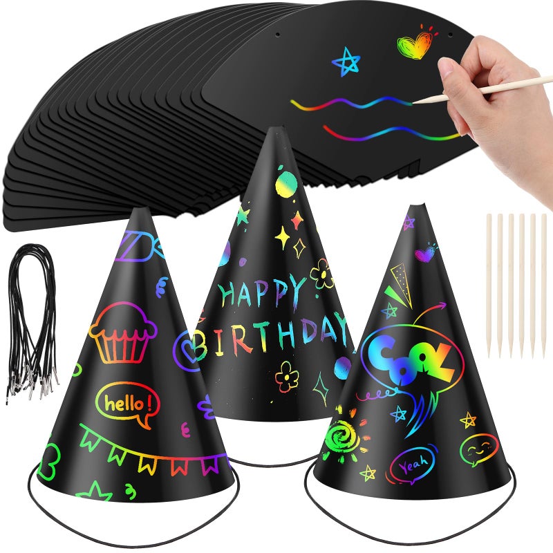 Lewtemi 108 Pcs Scratch Party Hats DIY Birthday Art Cone Scratch Hats Colorful Party Craft Paper Hat Decorating Supplies (Black) - Image 1