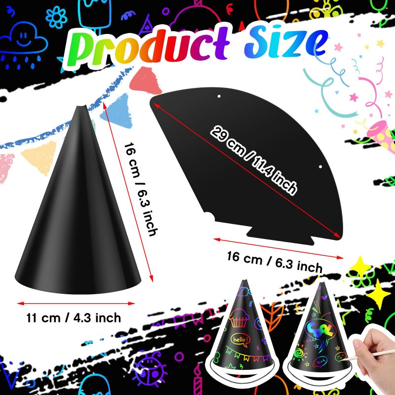 Lewtemi 108 Pcs Scratch Party Hats DIY Birthday Art Cone Scratch Hats Colorful Party Craft Paper Hat Decorating Supplies (Black) - Image 2