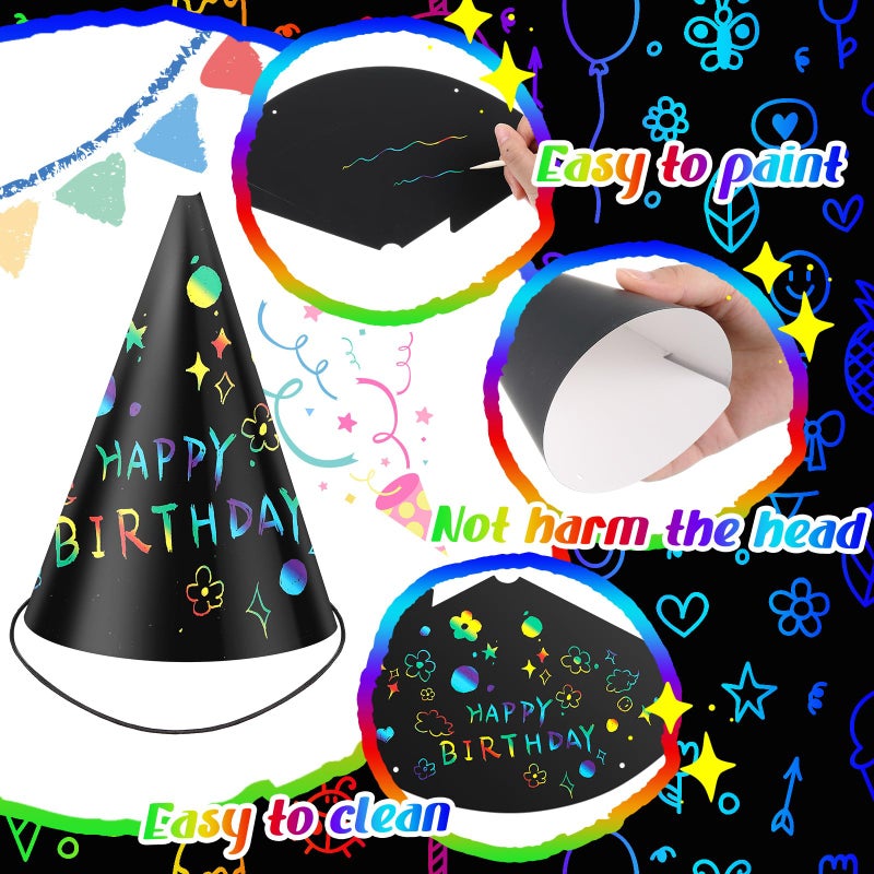 Lewtemi 108 Pcs Scratch Party Hats DIY Birthday Art Cone Scratch Hats Colorful Party Craft Paper Hat Decorating Supplies (Black) - Image 3