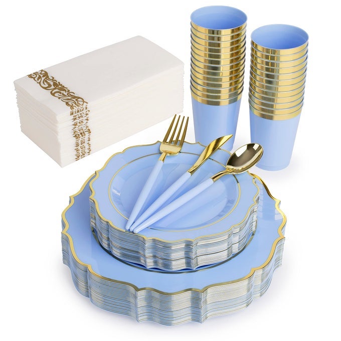 PREMQUAL 175PCS BABY BLUE AND GOLD PLASTIC PLATES 50 DISPOSABLE PARTY PLATES 25 CUPS 75 BAROQUE BLUE CUTLERY 25 NAPKINS FOR BABY SHOWERS WEDDINGS BIRTHDAYS PARTY DECORATIONS EASTER