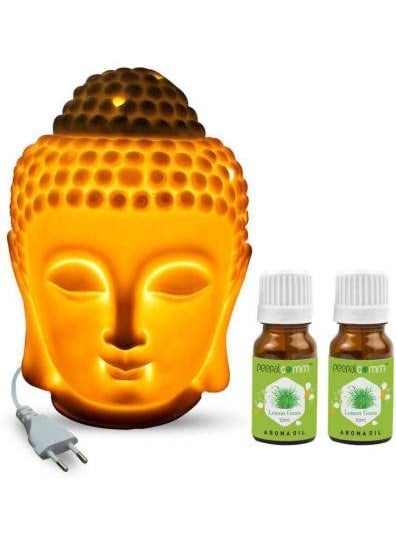 PeepalComm Air Freshner Home Decorative Electric White Ceremic Oil Buddha DiffuserBurner with Dimmer Switch to Control Light Fragrance Intensity with 2 Aroma Oil 