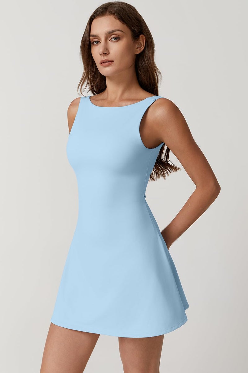 QINSEN Athletic Dress for Women Backless Sleeveless A Line Tennis Dress with Shorts and Pockets Sky Blue L - Image 4