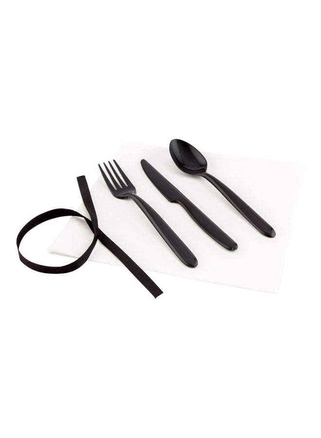 Restaurantware 7.3 Inch x 2 Inch Plastic Cutlery Sets, 100 With White Napkin Plastic Flatware Sets - Black Ribbon, Black Plastic Disposable Silverware Sets, For Parties Or Take Outs - Image 2