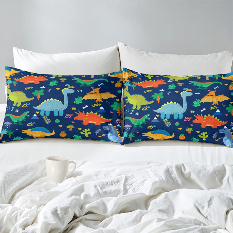 Kossmjx Cute Cartoon Dinosaur Bedding Set, Ultra Soft Full Size Comforter Set for Boys, Lovely Dinosaur Printed Comforter for Kids Teens, Dark Blue Microfiber Quilt for All Season 3Pcs with Pillowcases - Image 3