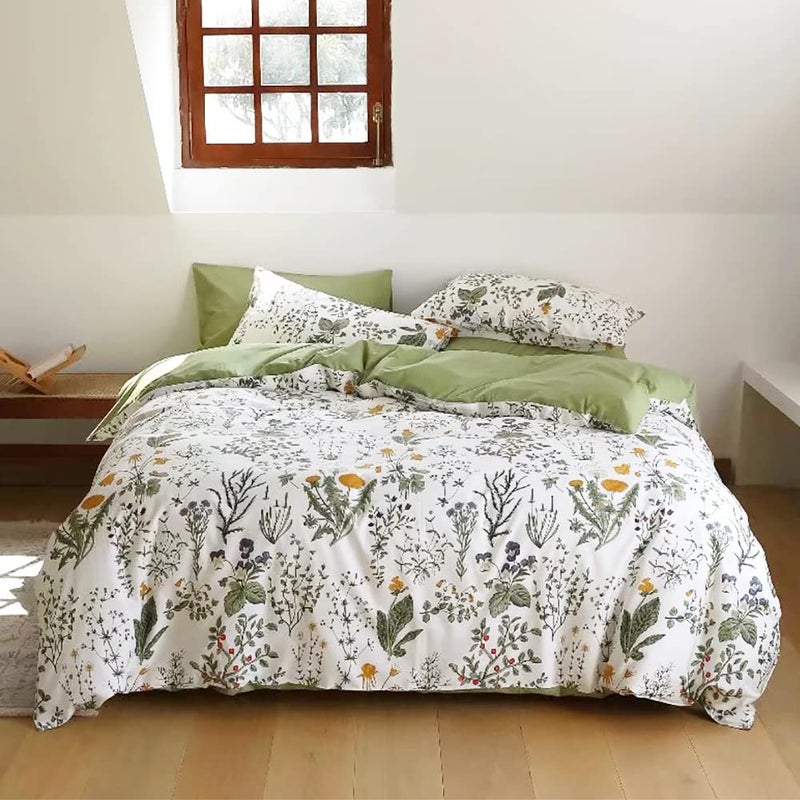 KAREVER Botanical Comforter Set Full White and Sage Green Floral Plant Bedding Set Garden Pattern Printed on White Reversible Blanket 3 PCs 1 White Comforter 80x90 and 2 Pillowcases