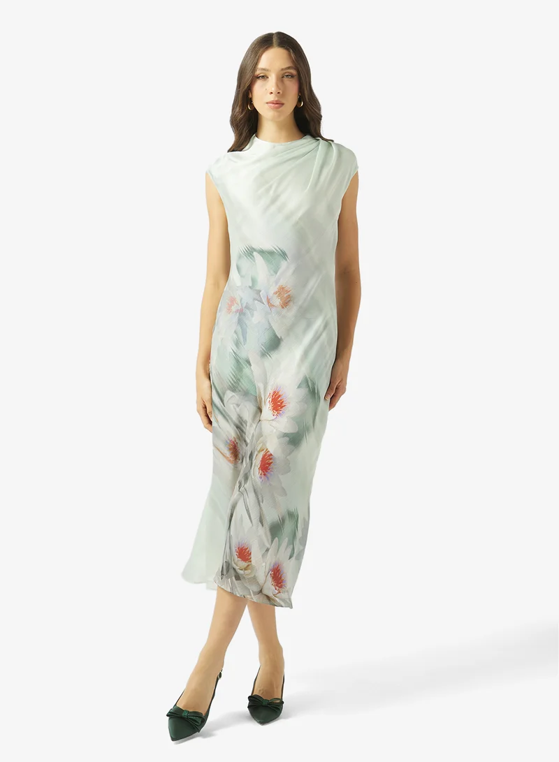 Floral Print Drape Neck Sleeveless Midi Dress