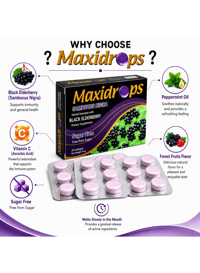 Maxidrops Black Elderberry Lozenges with Vitamin C & Peppermint Oil, Sugar-Free, Forest Fruits Flavor, 24 Lozenges - Image 3