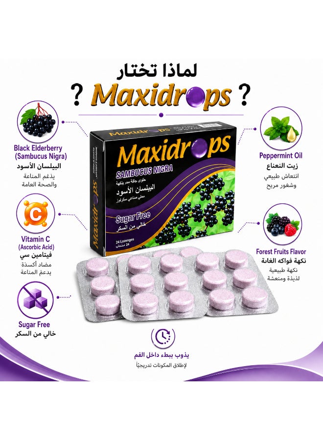 Maxidrops Black Elderberry Lozenges with Vitamin C & Peppermint Oil, Sugar-Free, Forest Fruits Flavor, 24 Lozenges - Image 2