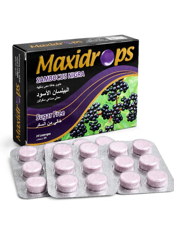 Maxidrops Black Elderberry Lozenges with Vitamin C & Peppermint Oil, Sugar-Free, Forest Fruits Flavor, 24 Lozenges - Image 1