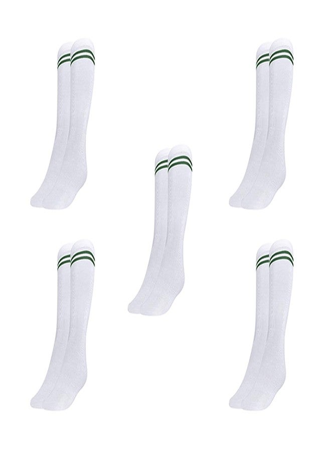 MUKHAKSH (5 Pairs Boys Kids White Socks with Bottle Green Stripes Border Lining White with Bottle Green Stripes Calf Length Long School Uniform School Dress Socks (DPS School Socks), Free Size - Image 1