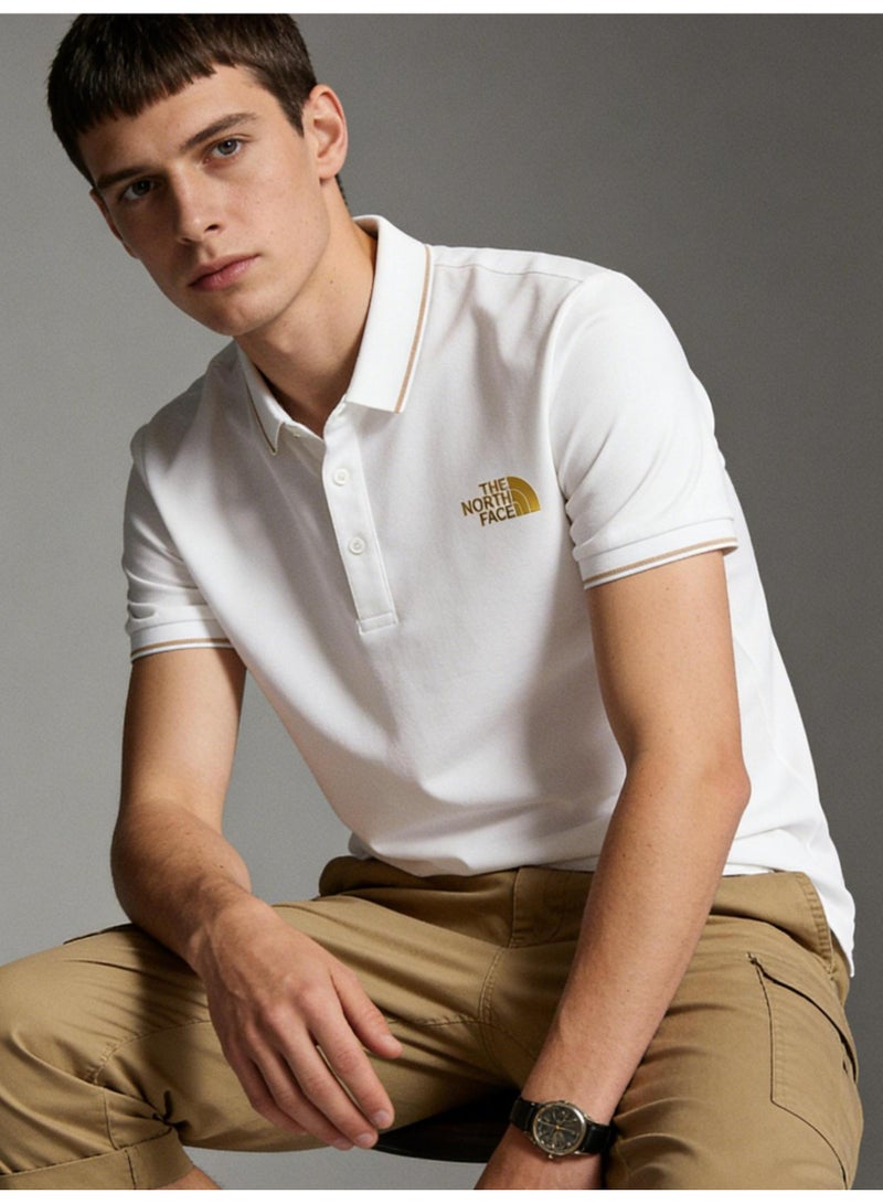 The North Face Contrast Trim Polo Shirt | Premium Moisture-Wicking Piqué Cotton Short Sleeve Casual Top with Gold Logo Embroidery - Image 1