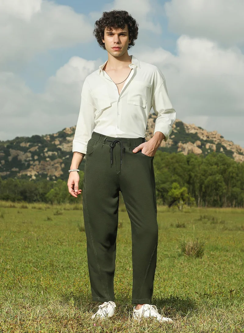 Campus Sutra Men's Sacramento Green Tapered Tailored Trousers