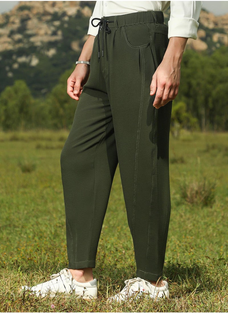 Campus Sutra Men's Sacramento Green Tapered Tailored Trousers  - Image 3