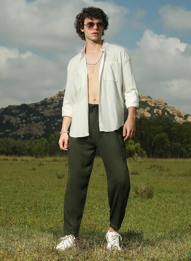 Campus Sutra Men's Sacramento Green Tapered Tailored Trousers