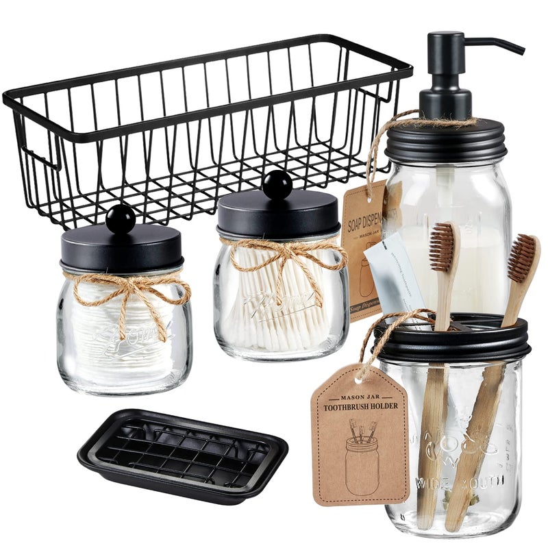 SheeChung 6Pcs Mason Jars Bathroom Accessories Set Complete  Toothbrush Holder Lotion Soap Dispenser 2 Mason Jars Soap Dish Toilet Paper Basket Rustic Farmhouse Decor Black 6Pcs Bathroom Set