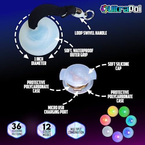 UltraPoi UltraKnob Swivel Handles Set (Pair (2)) - Rechargeable LED Poi Knob Handles - Over 30 Brilliant Rainbow Color Modes & Flashing Patterns - Silicone Knob Set for Poi, Flow Arts & Light Spinning - Image 3