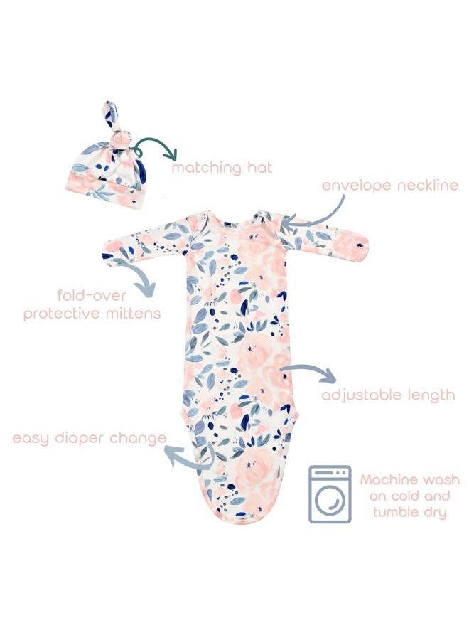 Vollmic Newborn Baby Sleeper Gown with Mittens Long Sleeve Nightgown Baby Coming Home Outfit with Hat 2 Pieces (Light Pink and Ink Pink, 0-3 Month) - Image 2