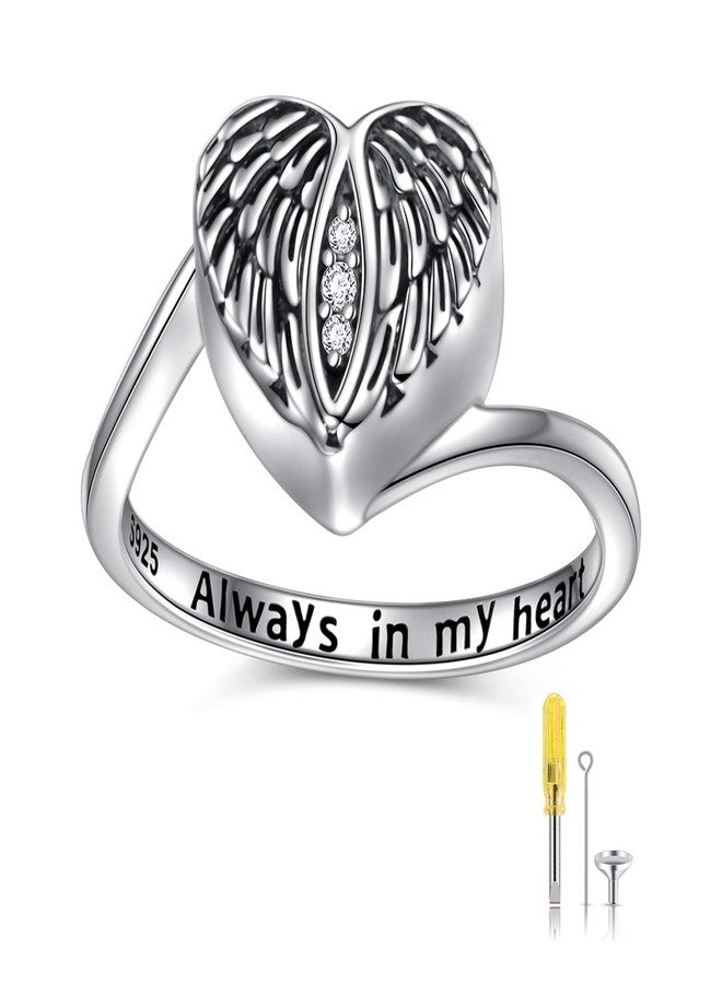Flyow 925 Sterling Silver Angel Wings Urn Heart Ring Hold Loved Ones Ashes Always in My Heart Keepsake Memorial Jewelry Cremation Rings for Women（7） - Image 1