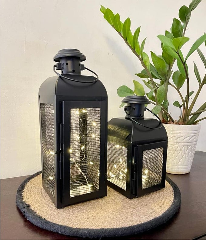 BLACK METAL LANTERN CANDLE TEALIGHT HOLDER FOR HOME DECOR ITEMS SET OF 2