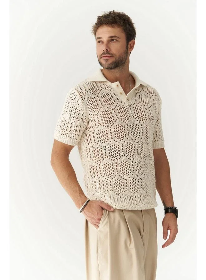 Leonard Men's Button-Detail Cream Tricot T-Shirt.