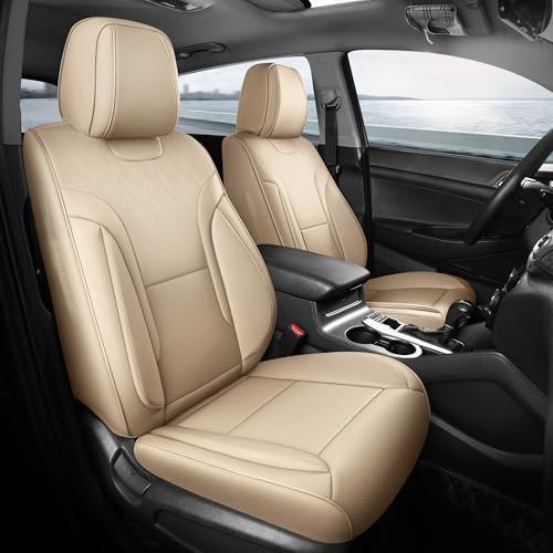FEINEPRO Beige Car Seat Covers Full Set - Breathable Faux Leather Universal 5 Seat Covers for Cars, Automotive Protector Fit for Most Sedan SUV Pick-up Truck - Image 1