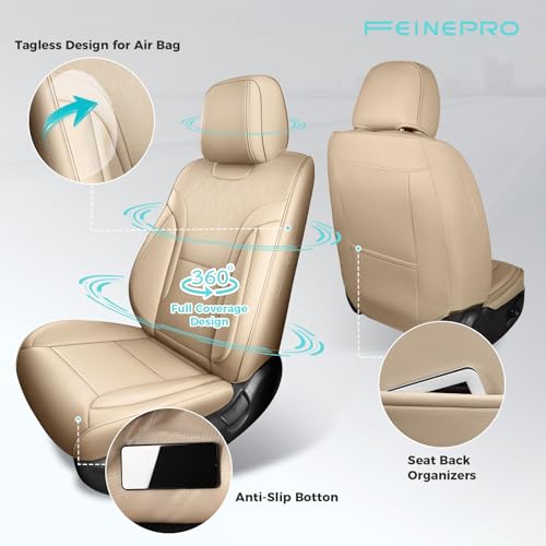 FEINEPRO Beige Car Seat Covers Full Set - Breathable Faux Leather Universal 5 Seat Covers for Cars, Automotive Protector Fit for Most Sedan SUV Pick-up Truck - Image 4