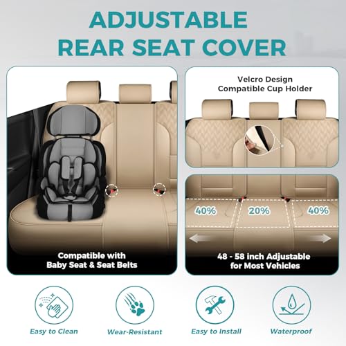 FEINEPRO Beige Car Seat Covers Full Set - Breathable Faux Leather Universal 5 Seat Covers for Cars, Automotive Protector Fit for Most Sedan SUV Pick-up Truck - Image 5