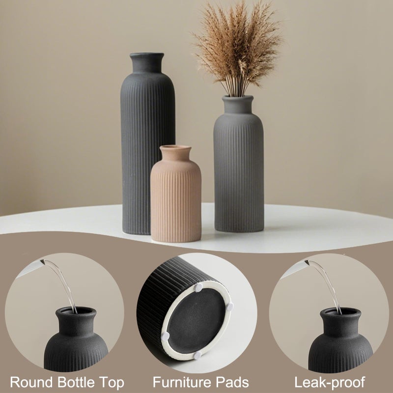 vaurcesa Modern Ceramic Vase Set, Black Ribbed Matte Design, 3-Piece Decorative Vases for Home, Living Room, Office (Black Mix) - Image 4