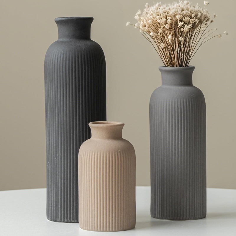 vaurcesa Modern Ceramic Vase Set, Black Ribbed Matte Design, 3-Piece Decorative Vases for Home, Living Room, Office (Black Mix) - Image 2