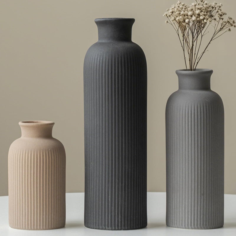 vaurcesa Modern Ceramic Vase Set, Black Ribbed Matte Design, 3-Piece Decorative Vases for Home, Living Room, Office (Black Mix) - Image 1