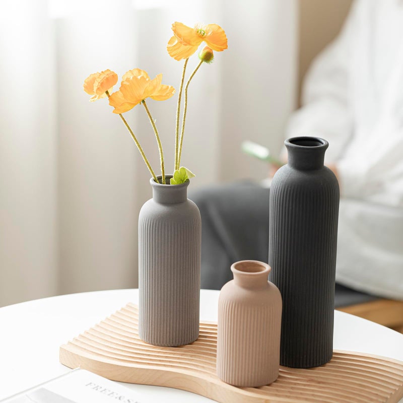vaurcesa Modern Ceramic Vase Set, Black Ribbed Matte Design, 3-Piece Decorative Vases for Home, Living Room, Office (Black Mix) - Image 5