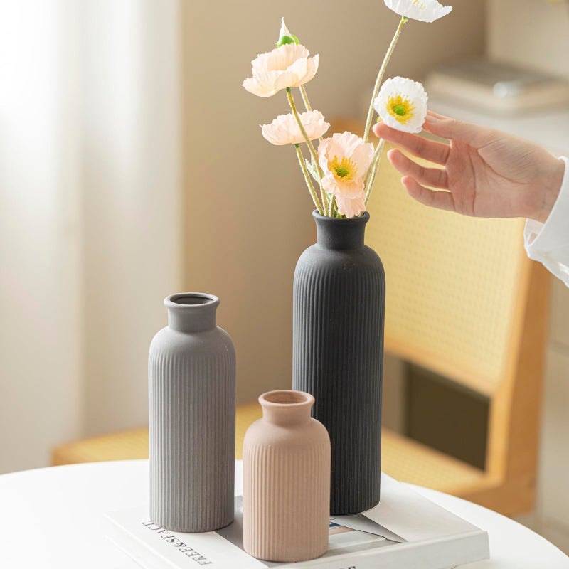 vaurcesa Modern Ceramic Vase Set, Black Ribbed Matte Design, 3-Piece Decorative Vases for Home, Living Room, Office (Black Mix) - Image 3