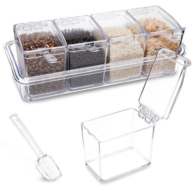CLEAR SEASONING BOX 4 PIECES SEASONING RACK SPICE POTS STORAGE CONTAINER CONDIMENT JARS ACRYLIC SEASONING BOX WITH COVERS AND SPOONS FOR SPICE SUGAR SALT SUGAR CARDAMON CINNAMON