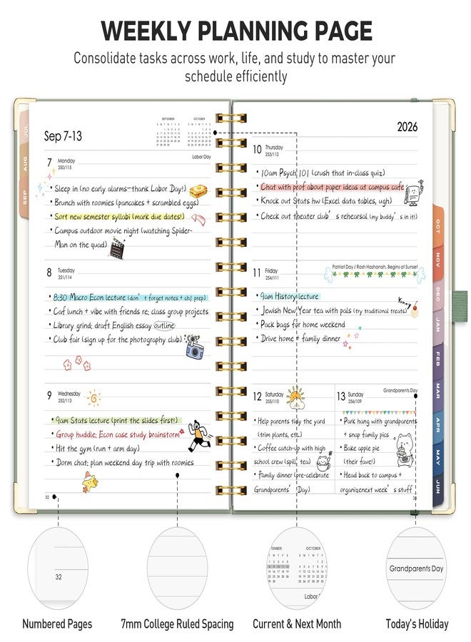 RETTACY Academic Planner 2026-2027, Weekly and Monthly, July 2026 - June 2027, Medium Size (5.7" x 8.3"), Calendar, Agenda, 12-Month Tabs, Hardcover, for Student, Teacher, School (Light Green) - Image 2