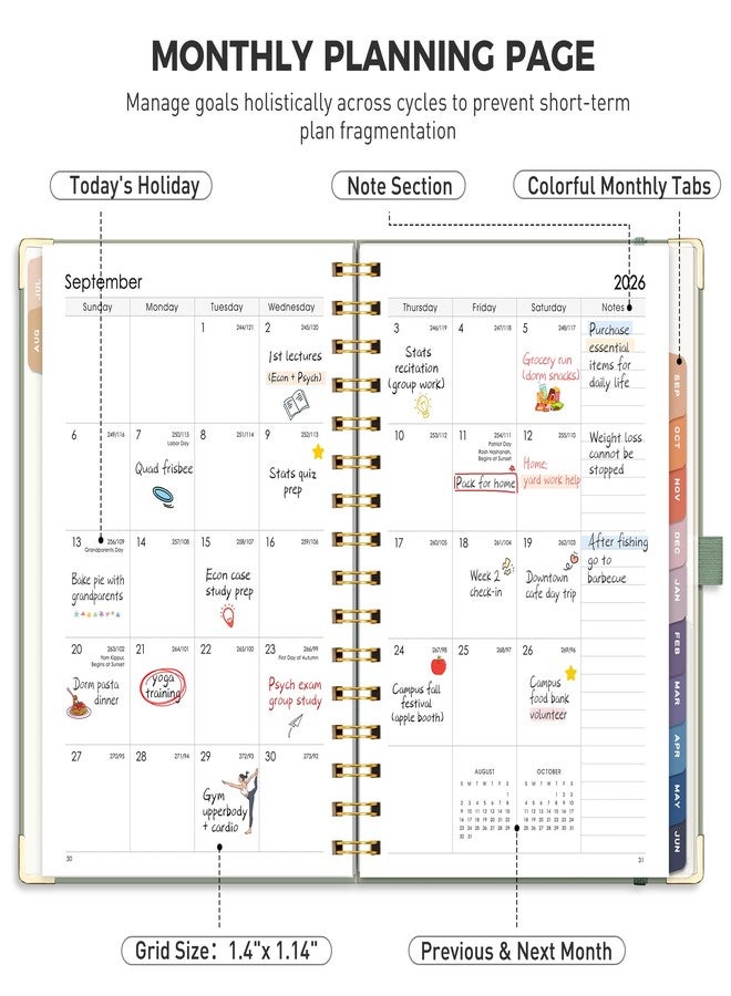 RETTACY Academic Planner 2026-2027, Weekly and Monthly, July 2026 - June 2027, Medium Size (5.7" x 8.3"), Calendar, Agenda, 12-Month Tabs, Hardcover, for Student, Teacher, School (Light Green) - Image 3