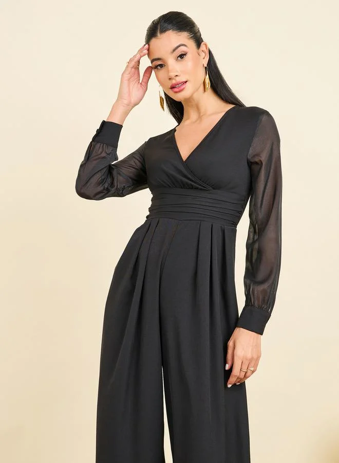 ستايلي Organza Sleeves Pleated Detail Wide Leg Tailored Jumpsuit