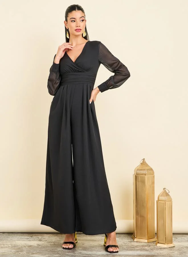 ستايلي Organza Sleeves Pleated Detail Wide Leg Tailored Jumpsuit
