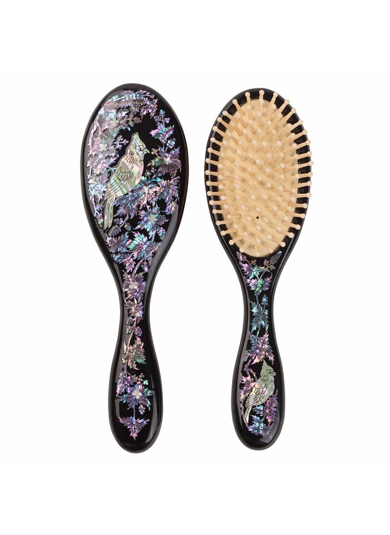 Antique Alive - Antique Alive Mother of Pearl Inlay Art Parrot Bird Christmas Flower Luxury Oval Black Hair Brush Detangling Anti Static Scalp Massage Comb Wooden Handle Bristle Cushion Kids Girl Boy Gift Hairbrush - Image 1