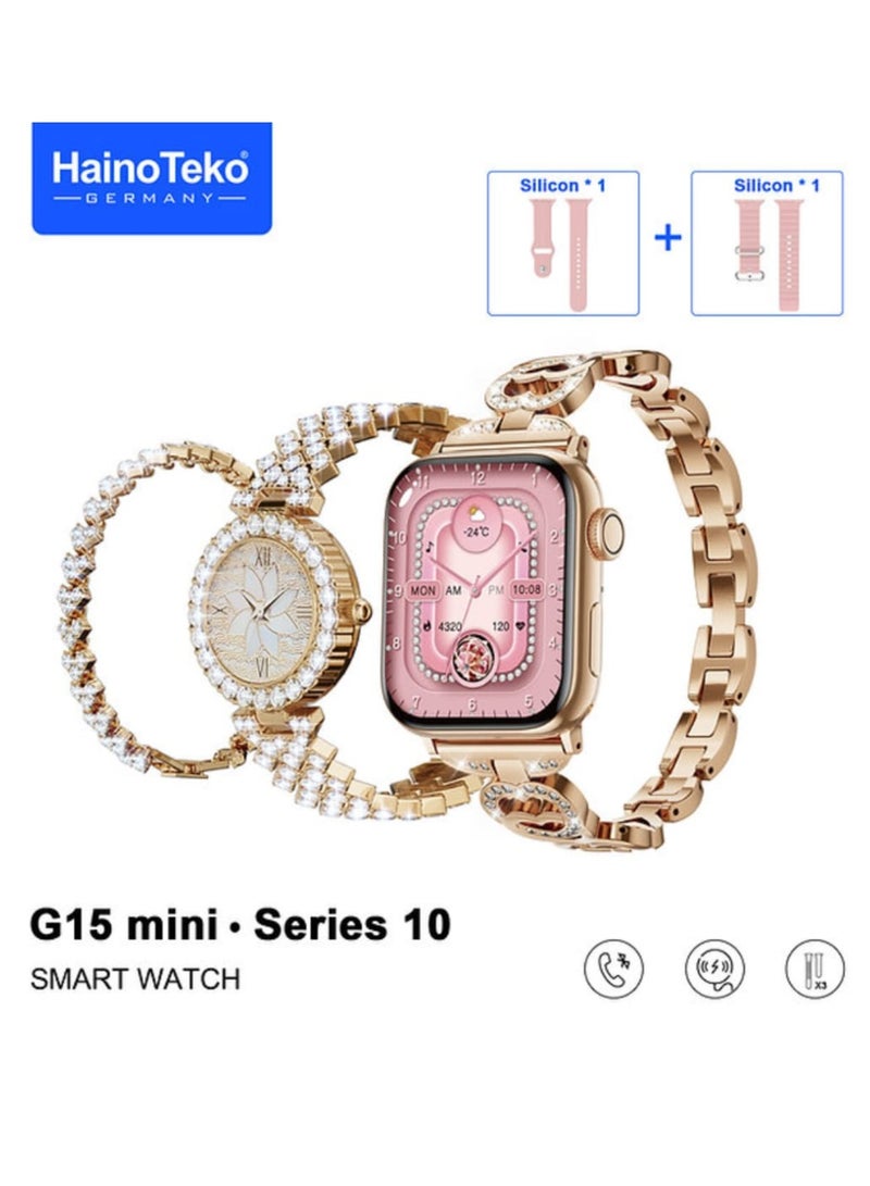 Haino Teko Smart Watch G15 Mini for Women with Bracelet of Golden Embroidered and An Additional Bracelet and Watch and 2 Silicone Strap - Image 1
